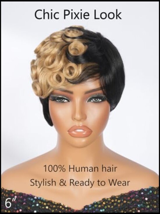 Short Pixie Wig Human Hair Glueless Wear and Go Layered with Bangs Natural Look